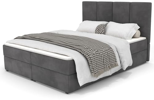 Muralo Boxspringbett 160x200 cm mit Bettkasten - Graphit | Doppelbett mit Bonell-Matratze H4, Gepolstertem Kopfteil, Samtbezug, Wasserabweisend & Kratzfest