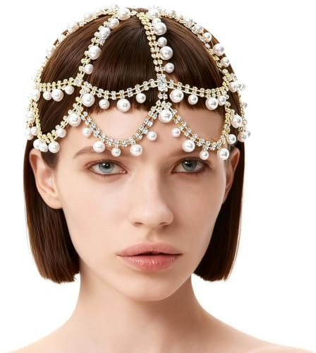 GORGECRAFT 1920s Coiffe à Clapet avec Perles et Strass Chaîne de Tête en Alliage Doré Cristal Scintillant Bandeau en Maille Bijoux de Cheveux Bohème pour Cérémonie de Mariage Bal de Promo Mariée