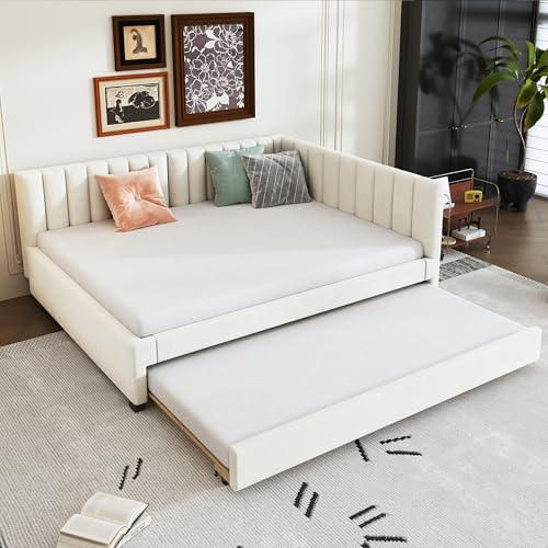 Generisch TOBIDOEN Polsterbett Sofabett 140x200 mit Ausziehbett, Schlafsofa mit Lattenrost, Kopfteil und Rückenlehne, L-förmiges Sofa mit Schlaffunktion, Tagesbett Daybed in Samtstoff, C(Beige)