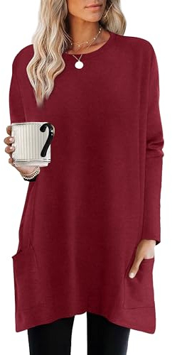 XIEERDUO Winter Tops for Women Dressy Casual Blouse High Low Tops for Women Loose Fit Long Sleeve Tunic Tops with Pockets Burgundy L