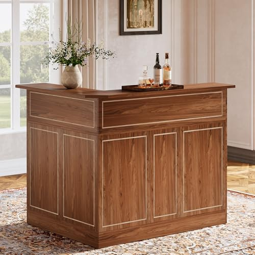 Tribesigns Bar Cabinet, L-Shaped Home Bar Table with Stemware Racks, 4-Tier Corner Bar Unit Liquor Wine Bar Table Reception Desk for Home Pub, Red Brown
