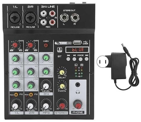 Mixer DJ, Console di missaggio Bluetooth portatile a 4 canali con mixer digitale con effetto riverbero integrato
