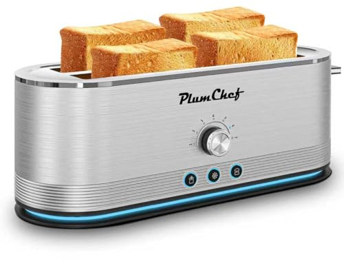 Plum chef 4-Slice Toaster, Extra Wide Long Slot, 7 Browning Settings, Defrost/Reheat Functions, Removable Crumb Tray, Stainless Steel Housing 1350W, Anti-Fingerprint & Anti-Jam