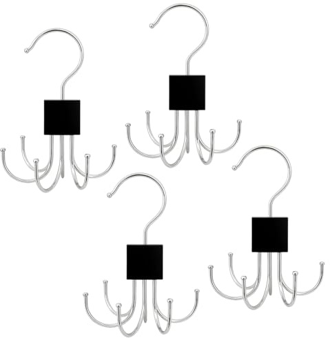 4 Pcs Belt Hangers, 360° Rotatable Tie Rack Hanger with 6 Hooks for Wardrobe Closet, Space-Saving Bra Storage Scarf Hanger, Small Spaces Organiser for Tank Top Hat Purse (Black)