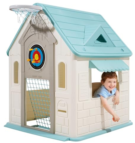 VEVOR Outdoor Playhouse, 5-In-1 Cottage Play House with Pretend Play, Basketball, Darts, Soccer, Ring Toss, Window & Convenient Door, Toddler Slide Set for Aged 2+, Smooth Edges, Polypropylene Plastic