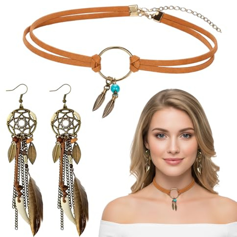 JqruiTbeis Indianer Kostüm Damen Accessoires, 2 Stück Indianer Schmuck mit Halskette und Ohrringe, Boho Schmuck Damen für Hippie Kostüm, Vintage, Karneval