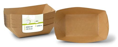 GREENBOX Snackschale aus Pappe 250 Stück 400 ml, 17 x 12,5 x 4 cm braun eckig - Einwegteller mit PE-Beschichtung - Pommesschale, Fingerfood, Dessertschale, Tapas Schale, Currywurst Teller - Snackbox