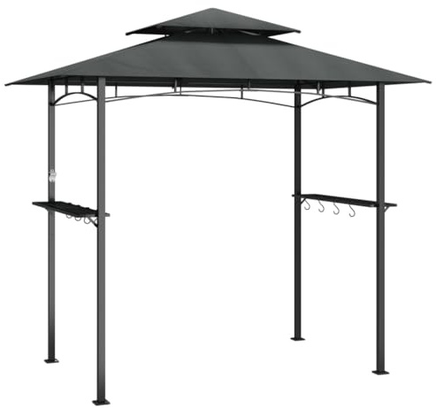 Grillpavillon mit Doppelstöckiges Spitzdach, Partyzelt mit Stahlrahmen & 2 Seitenablagen für Innenhof Hinterhof, Anthrazit 240x150x243 cm Polyester