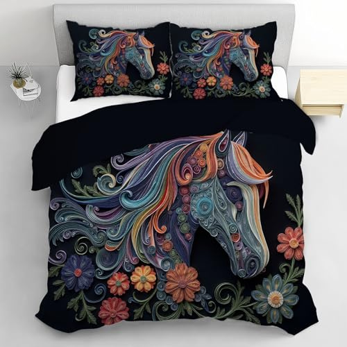 Housse de Couette 200x200cm Tête Cheval Fleurie Tourbillonnante Linge de Lit pour 2 Personnes Ensemble de Literie Animaux En Rouleaux Papier Parure de Couette Réversible avec taie d'oreillers, Bleu
