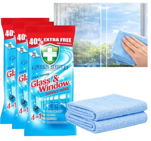 Green Shield Quick Drying Glass & Window Surface Wipes 3 Packs of 70 Large cleaning Wipes Smear Free, Cuts Through Grease & Dirt Bundle with 2 WinKido Lint Free Microfibre Reusable Cleaning Cloths