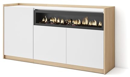 Skraut Home | Sideboard, Highboard | Kommode, Komodenschrank | 156x80x37 cm | 3 Türen | Elektrokamin | Moderner Stil | Weiß und Eiche Soft