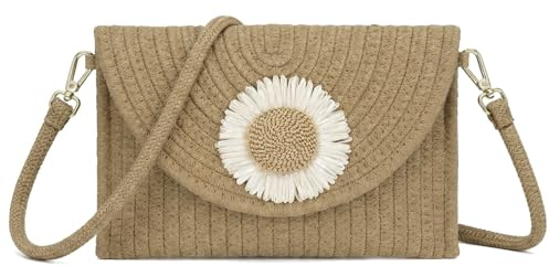 Woodland Leathers Crossbody Woven Straw Crossbody Bag for Women with Daisy Detail, Summer Beach Clutch Shoulder Bag, Lightweight Envelope Purse with Detachable Strap Womens Bag (Beige Daisy)