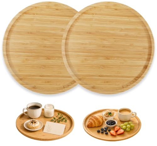 Rebanky 2 Piezas Bandeja Madera Redonda para Servir, 30 x 30 x 2 cm Grande | Bandeja Decorativa Redonda para Café, Fruta, Pan y Aperitivos; Forma Redonda Natural