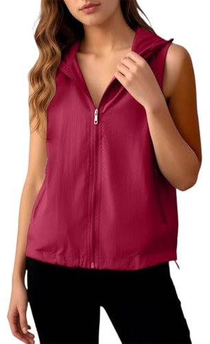 Gilet Sans Manche Femme Été Protection Solaire Veste Avec Fermeture Éclair Poche Capuche Couleur Unie Gilets De Course Léger Coupe Vent Respirant Jacket Vélo Col Montant Softshell Manteaux Décontracté