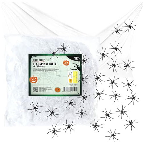 com-four® Set di Decorazioni da 26 Pezzi per Halloween - Ragnatela Estensibile da 500 g con 25 Ragni Neri - Ragnatela Bianca per Halloween, Carnevale, Feste Horror o a Tema