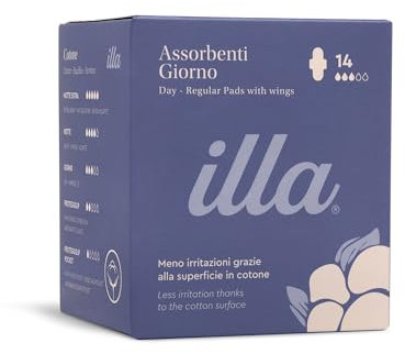 illa Assorbenti Giorno - Assorbenti Anatomici con Ali - Superficie in Cotone al 100% - Per i Giorni del Ciclo di Flusso Medio - Protezione Quotidiana - 1 Confezione da 14 Pezzi