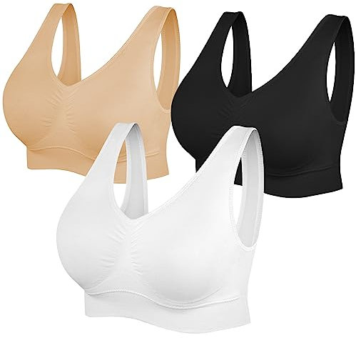 SIMIYA Super Comfort Bra, Womens Sports Bras Removable Pads Plus Size Sleep Bras for Girls in Yoga Bralette Leisure Stretch Crop Tops Vest (XXL, Black+White+Beige)
