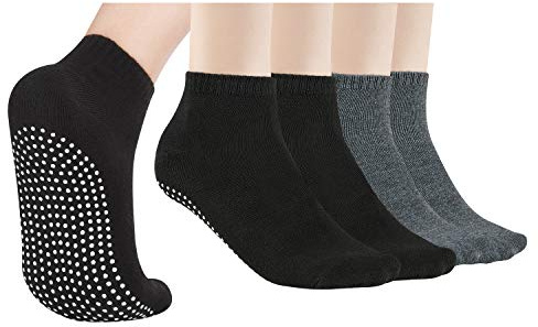 NEWCHAO Halkfria strumpor för kvinnor och män, unisex halkskydd yoga strumpor för hem träning strumpor Barre Pilates sjukhus, A: 4 par (svart-2 par + grå-2 par), 37-44