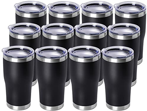 DOMICARE 20oz Tumbler with Lid Stainless Steel Tumblers Bulk, Double Wall Vacuum Insulated Coffee Travel Mug Powder Coated Tumbler, 12 Count (Pack of 1) Black