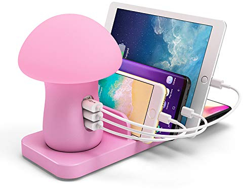 Wanym Lámpara de Mesa USB Recargable 3 Puertos 9V 2A Carga rápida Smart USB QC3.0 Cargador Gadget Station Adaptador Lámpara de Escritorio de Seta LED Carga Rápida Lámpara de Seta Creativa,Blanco