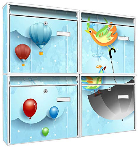 banjado Briefkastenanlage 4 Fach - Postkästen groß - verzinkter Stahl weiß DIN A4 Motiv Regenschirm - Briefkasten Set 4 Briefkästen Namensschild, 2 Schlüssel, Montagematerial