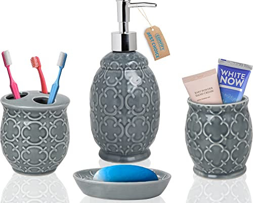 Juego de Accesorios de baño de diseño de 4 Piezas - Juego de baño de cerámica con dispensador de jabón líquido o loción, portacepillos de Dientes, Vaso y jabonera - Accesorios de tocador Modernos