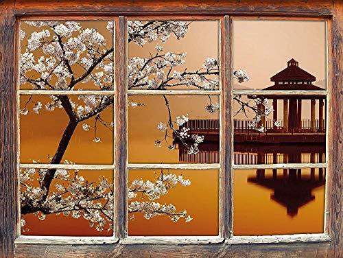 KAIASH 3D Stickers Muraux Meubles Cerisier à la fenêtre du lac Japonais 3D Sticker Mural décoration Murale 3D Sticker Mural Sticker Mural 62x42cm