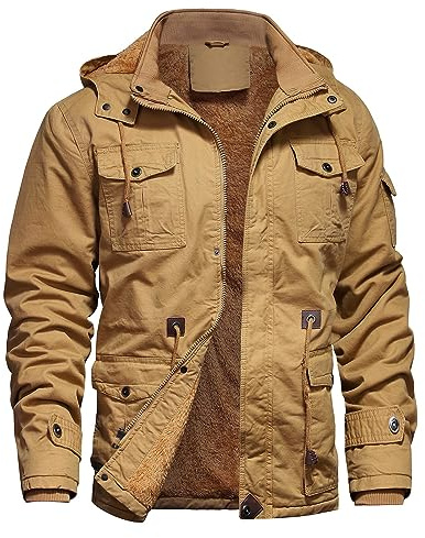 LEPOAR Men's Winter Jacket Military Jacket Fleece Lined Warm Cargo Jackets Removable Hood Cotton Work Coat, Khaki-M