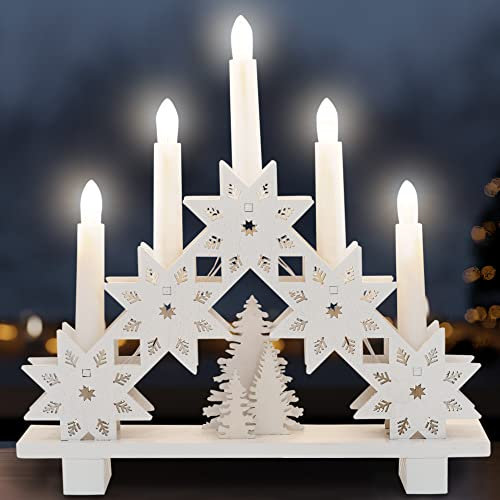 GloBrite Natural Wooden Christmas Candles Bridge with Village Light Up Decorations | Battery Candles with 5 LEDs | Christmas Table Centrepiece, Decorations for Windows