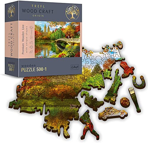 Trefl - Holzpuzzle, Central Park, Manhattan, New York - 500 + 1 Teile, Wood Craft, unregelmäßige Formen, 50 Figuren von amerikanischen Denkmälern und Symbolen, holzpuzzle Erwachsene