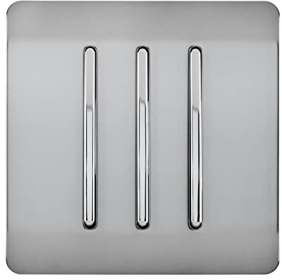 Trendi 3 Gang 2 way 240V Screwless Raised Front Plate Plastic Artistic Modern Glossy 10 Amp Chrome Rocker Triple Electrical Wall Light Switch Brushed Steel - ART-SS6BS
