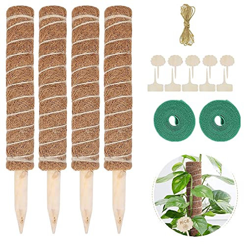4 Stück 40cm Moosstab Pflanzstab Monstera Rankhilfe mit 10 Pflanzschilder,2 Rollen Klett Kabelbinder und 2 m Jute Schnur für Pflanzenname Pflanzzeit Haus Garten Pflanzenunterstützung