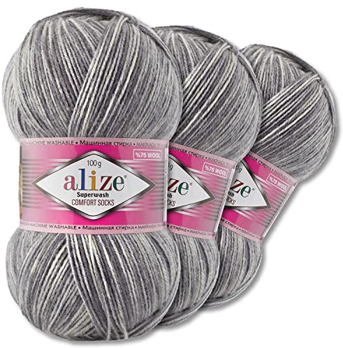 Wohnkult Alize 3x100g Superwash Comfort Sockenwolle 33 Farben zur Auswahl EIN-/Mehrfarbig Pullover Kleidung Wolle (7676)