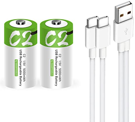 CAMELCELL C Batteries- 2 Pack Rechargeable C Batteries,5000mWh Lithium ion C Size Battery 1.5V with 2 in 1 USB A to Type C Charger,Portable USB Rechargeable C Cell Batteries