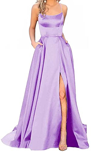 dinavian Vestido largo formal de satén de seda con tirantes delgados, vestido de graduación, dama de honor, vestido de novia, Lila, 46