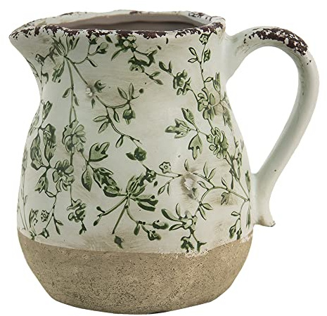 Clayre & Eef Dekorative Kanne 1100 ml Grün Weiß Keramik Blätter Wasserkrug