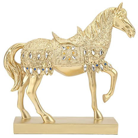Tissting Pferd Deko, Golden Horse Decor, Harz Rich Horse Statue, Tier Kunst Pferd Figur und Statue Ornament für Home Office Dekoration Zubehör Hochzeitsgeschenke (26,3x26x6,6cm/10,35x10,23x2,59 Zoll)