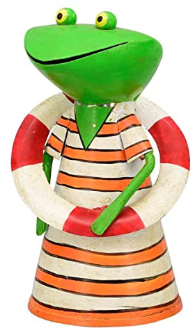 KUHEIGA Zaunhocker Frosch H:19cm, Metall Zaunfiguren, Zauntiere Pfostenhocker orange mit Rettungsring