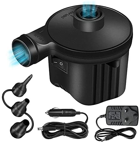 LANKOER Electric Air Pump, 2 in 1 Portable Home/Car Use Electric Pumps Quick Inflator Deflator 3 Nozzles, Camping Air Pumps AC 240V/DC 12V Inflatable Air Mattress Yoga Ball Paddling Pools Toys, Black