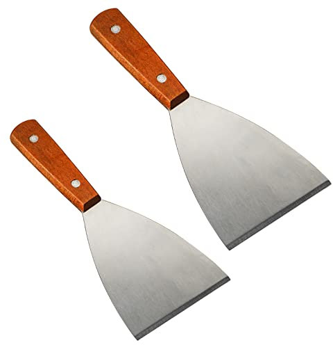 Spatola in acciaio inox, spatola per pittore, set di spatole, manico in legno, spatola in acciaio inox di alta qualità, per grigliare carne e per pulire la bistecchiera, lavabile in lavatrice, 2 pezzi