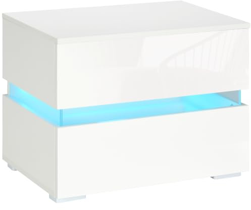 HOMCOM Comodino con Luce LED RGB Incorporata, 2 Cassetti, 60x39x47cm Bianco