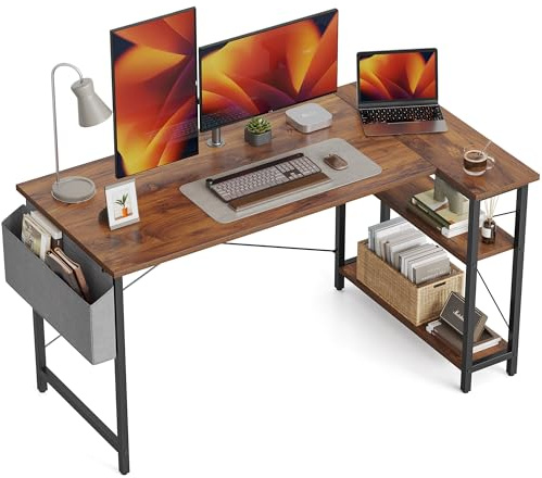 CubiCubi L Shaped Gaming Desk, 120x70 cm Computer Desk with Storage Bag, Office Desk Writing Table with Large Reversible Storage Shelves, Workstation for Study, Play, Work, Home Office, Rustic Brown