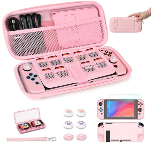 Younik Tasche für Switch 2017 Modell - 14 in 1 Zubehör Bundle Mit Tragetasche, Schützendes Zubehör für Konsole & J-Con, Game Card Case (Rosa, Knopf Typ)