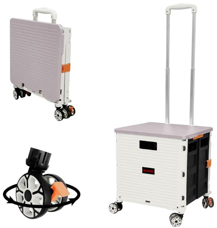 Carretilla de mano plegable con tapa, rueda giratoria sin ruido resistente al desgaste de 360 ° y carro de arranque con manija de aleación de aluminio ajustable, capacidad de carga de 45 kg / 99 lb