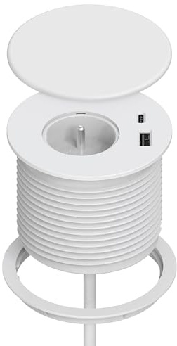 Bloc Prise Encastrable, Dinolink Multiprise Encastrable avec 1 Prise, 1 Port USB C, 1 Port USB A, 80 mm de Diamètre, 1,5M de Câble, Prise Bureau pour la Cuisine, Le Bureau, Les Meubles, Blanc