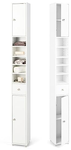 GIANTEX Badschrank Hochschrank, 20 x 20 x 180 cm, Badezimmerschrank Schmal mit Schublade, 2 Türen & 5 offenen Ablagen, Schrank fürs Badezimmer & Wohnzimmer (5 Ablagen, Weiß)
