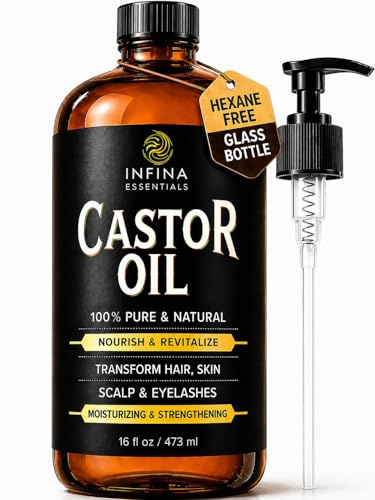 INFINA ESSENTIALS Pure Cold Pressed Castor Oil - Hexane Free, Glass Bottle for Hair Growth, Face, Scalp, Skin & Eyelashes - Nourishing and Moisturizing - 16 fl oz