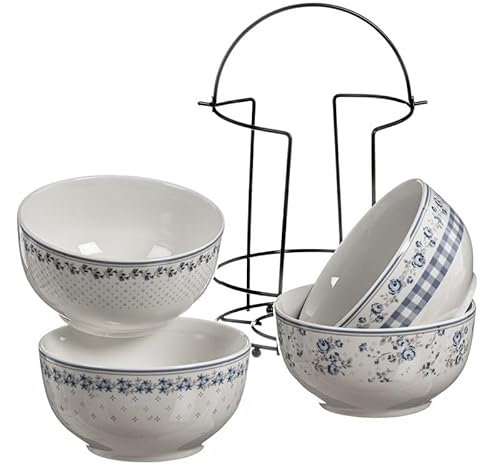 Lot de 4 tasses 480 ml avec support anse, base pour suspendre, tasses en céramique empilables, set de 6 bols ronds émaillés avec étagère noire, bol en céramique blanche - bols à céréales