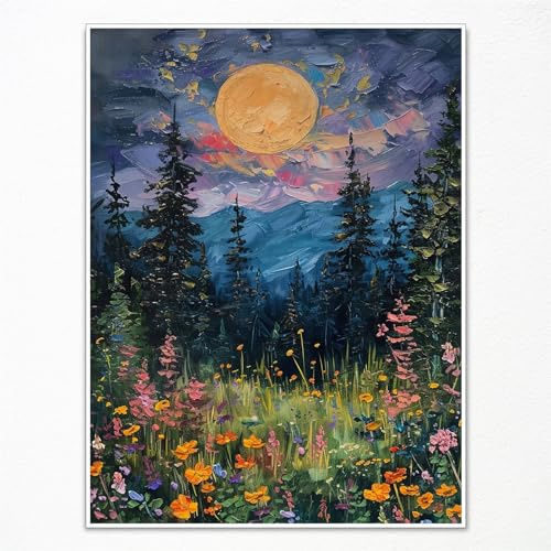 Yuaruo Vintage Full Moon Above The Wildflowers Nature Posters, Mystical Midnight Woodland Canvas Wall Art Print, Retro Flowers and Trees Oil Painting, Dark Forest Landscape 12x16in Unframed