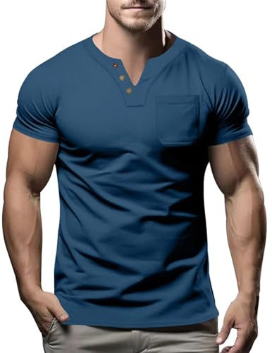 SOOUICKER Henley Shirt Herren Kurzarm Slim Poloshirt Herren Ohne Kragen Sport Henley Shirt Herren mit Brusttasche Muskelshirts Herren Kurzarm Knopfleiste Tshirt Herren Elegant